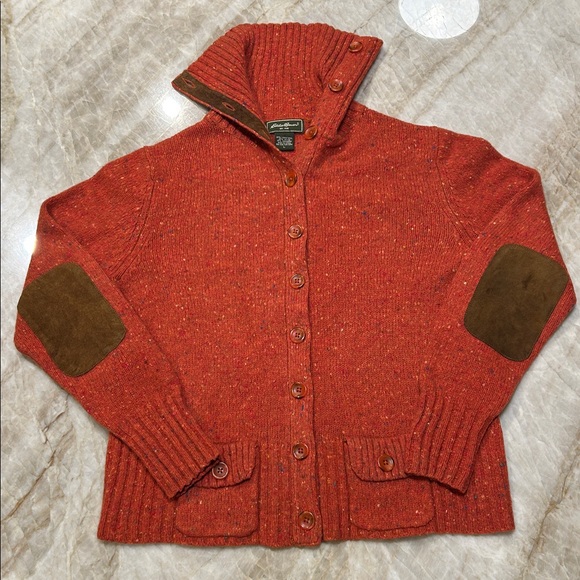 Eddie Bauer Sweaters - Eddie Bauer Red/Orange Tweed Cardigan Wool/Cashmere with Leather Accents | Sz L